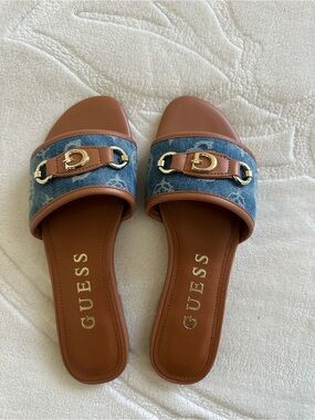 GUESS Tan Leather & Blue Denim Slide Mules with Gold Hardware